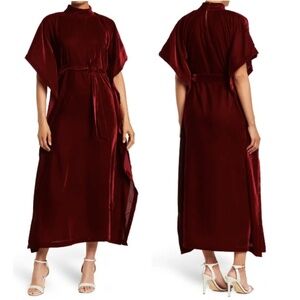 NWT SHAHIDA PARIDES Velvet Tie Waist Kaftan in Dark Red Sz. M